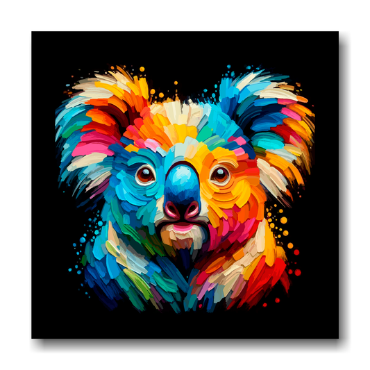 Large canvas wall art - A vibrant multi-coloured head portrait of a Koala Bear. Available in 3 large sizes.