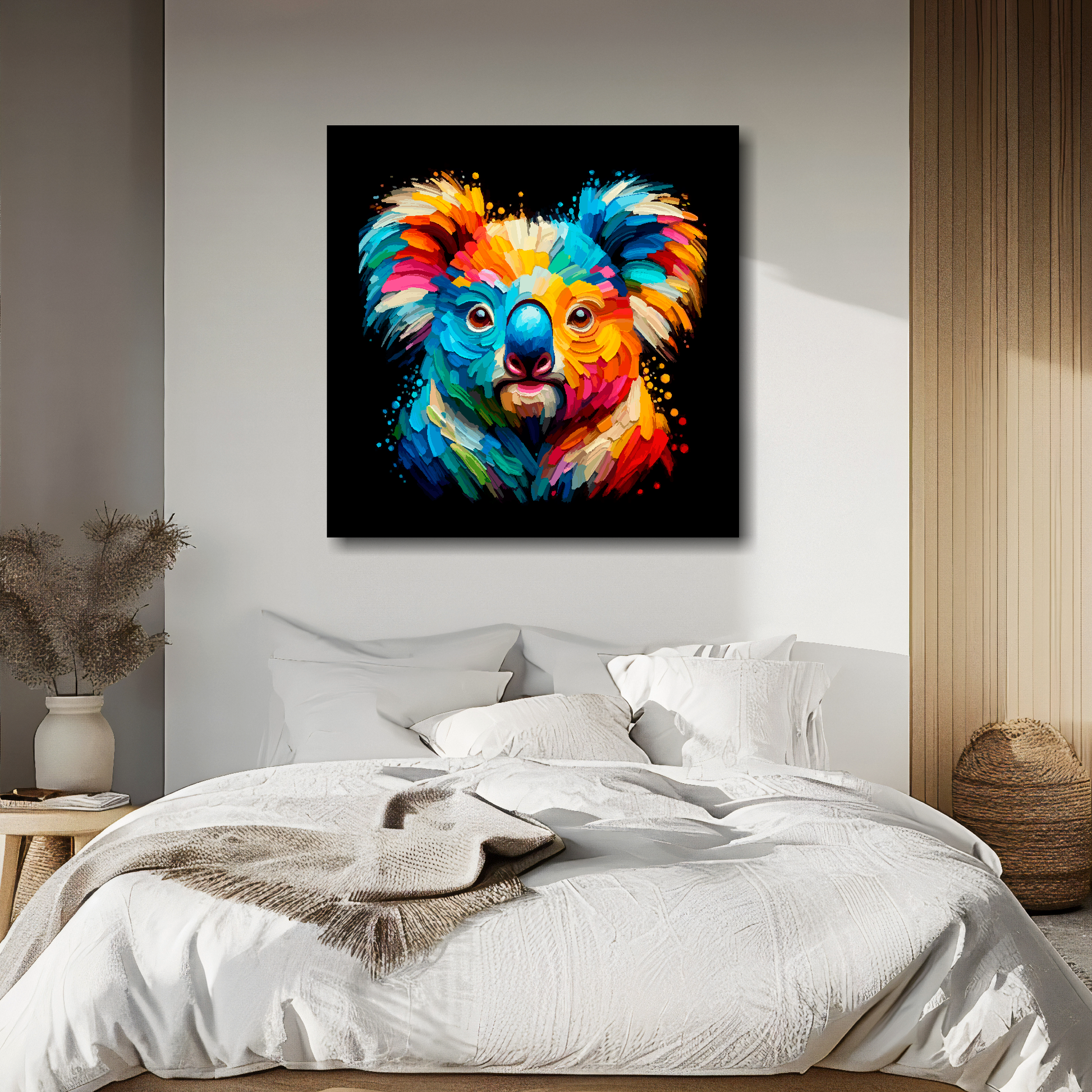 Large canvas wall art - A vibrant multi-coloured head portrait of a Koala Bear. Available in 3 large sizes.
