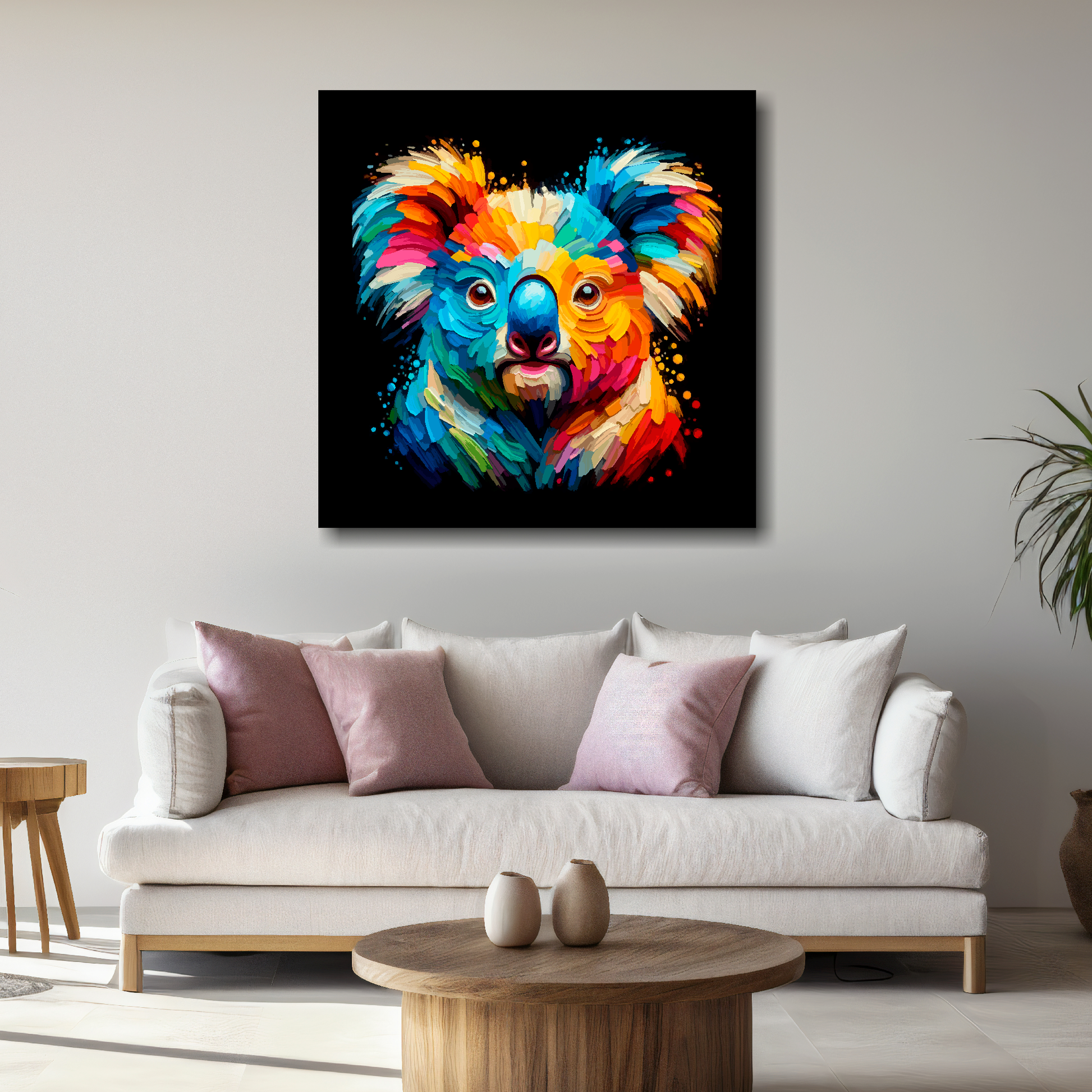 Large canvas wall art - A vibrant multi-coloured head portrait of a Koala Bear. Available in 3 large sizes.