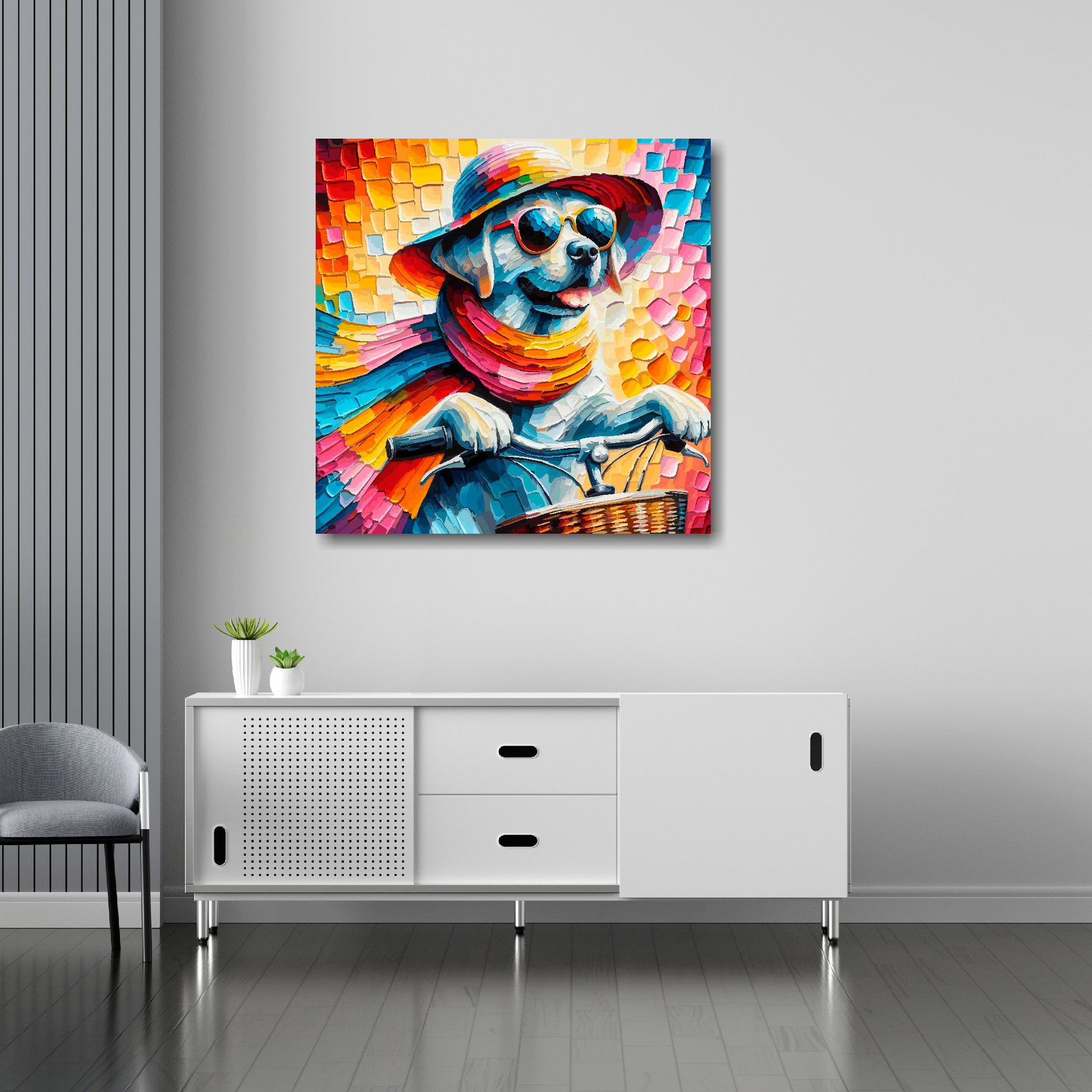 Lab on a bicycle canvas 30x30 inches above sideboard - large colourful whimsical art UK made