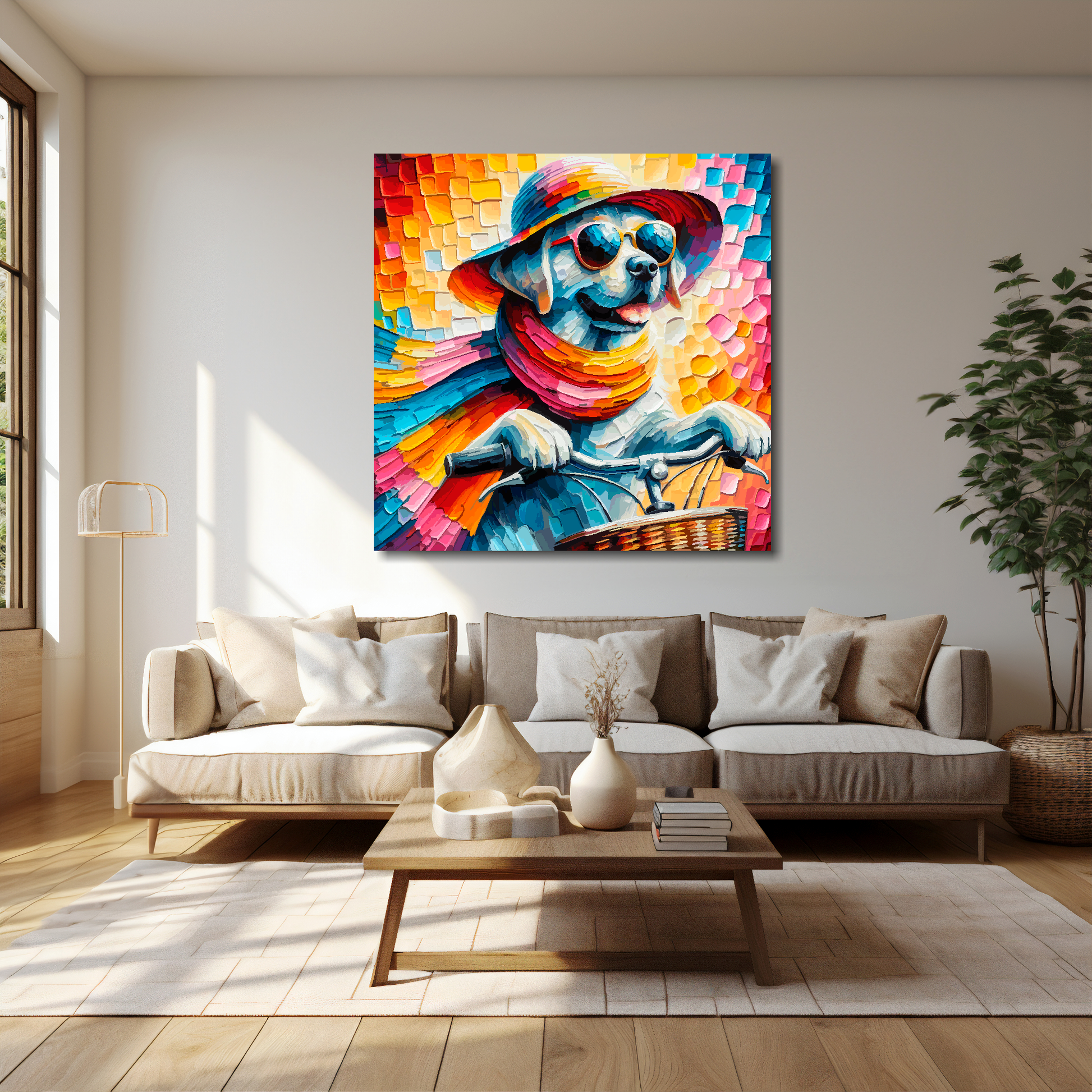 Lab on a bicycle canvas 40x40 inches above cream sofa - XL vibrant whimsical wall art UK