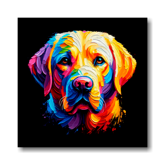 Colourful abstract painting of a Labrador Retriever face on a black background.