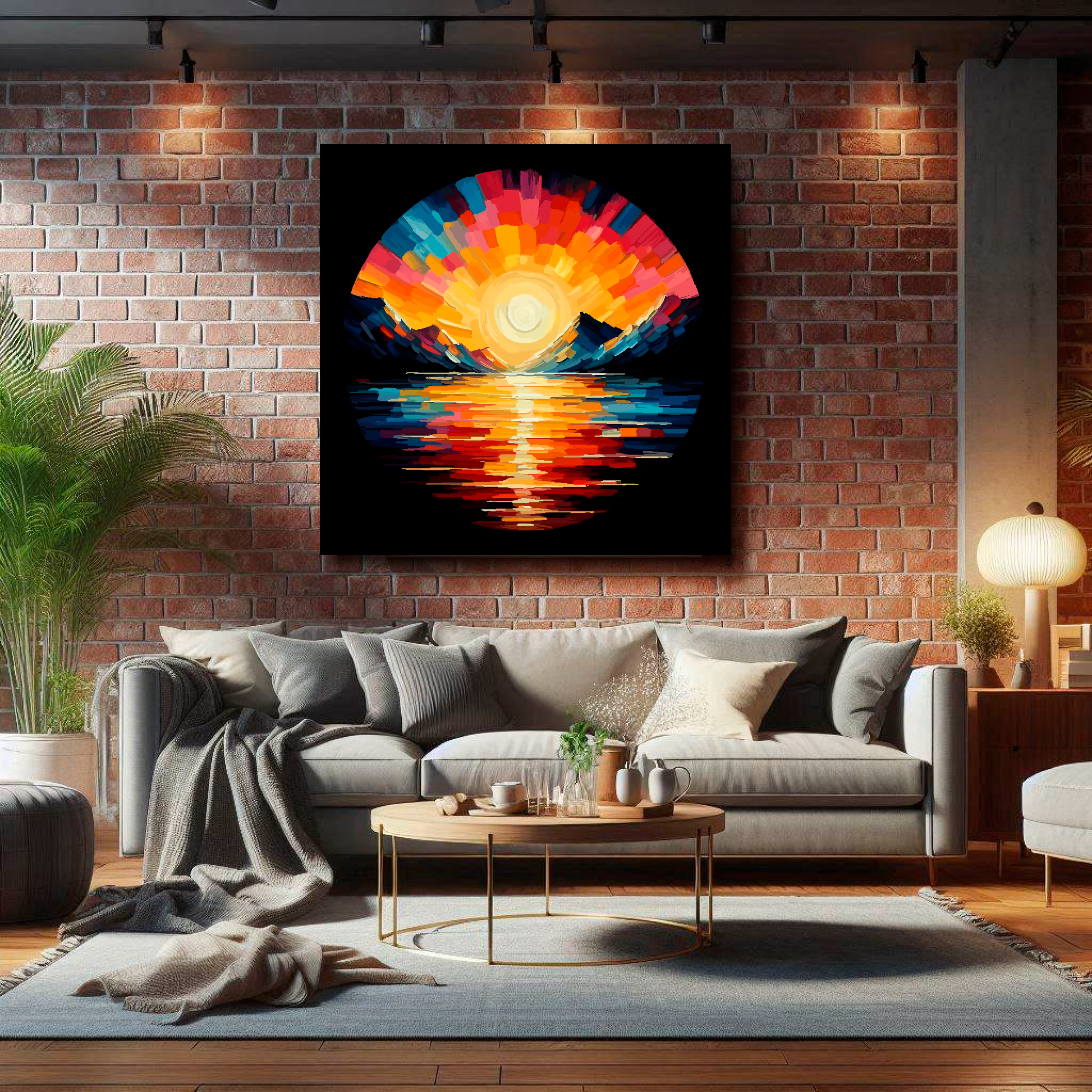 Large canvas wall art - Vibrant Lake Sunset mountain scene, black background, Available in 3 large sizes.