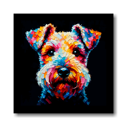Colourful abstract painting of a Lakeland Terrier portrait on a black background.