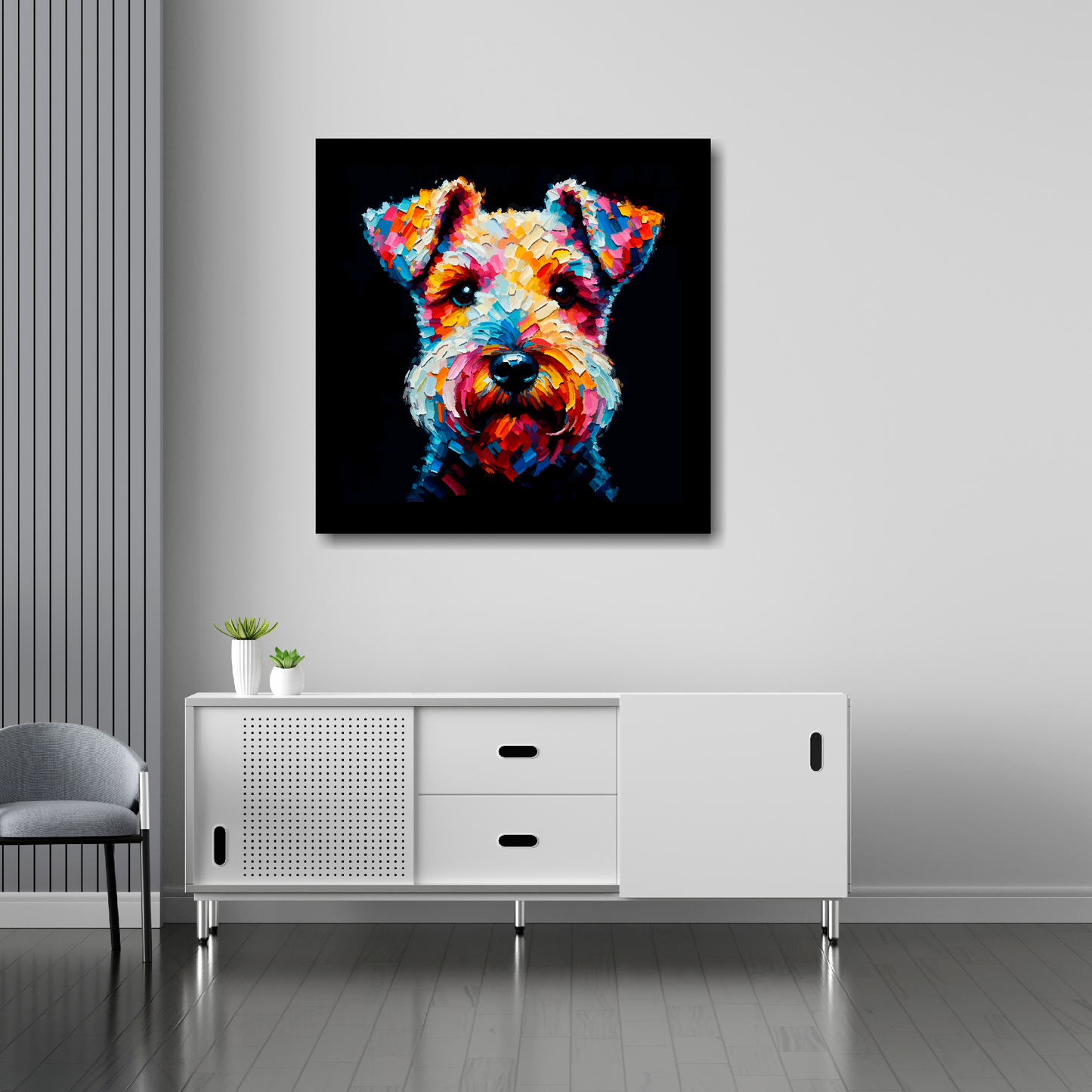 30 inch by 30 inch square canvas featuring a multi-coloured Lakeland Terrier dog portrait. Mounted on a white wall above a white sideboard.