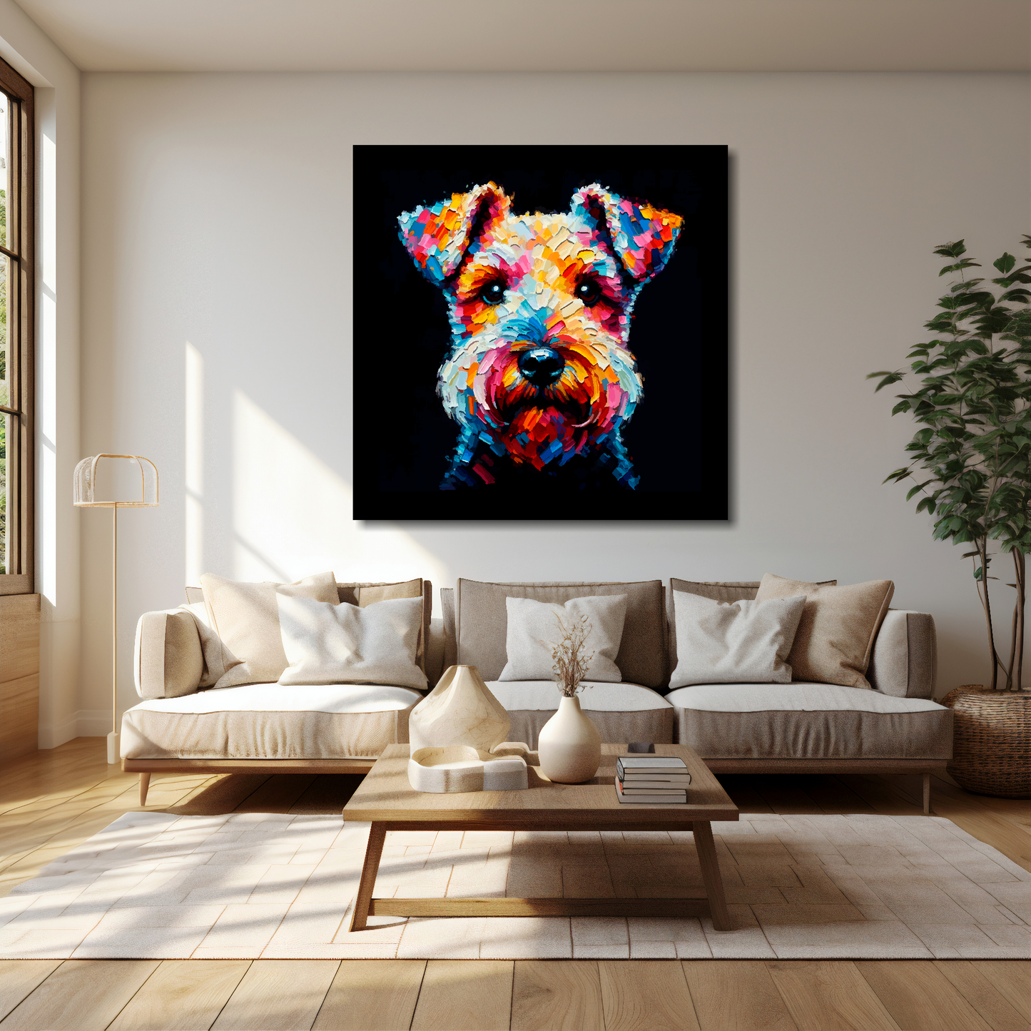 40 inch by 40 inch square canvas featuring a multi-coloured Lakeland Terrier dog portrait. Mounted on a cream wall above a cream sofa with decorative pillows.