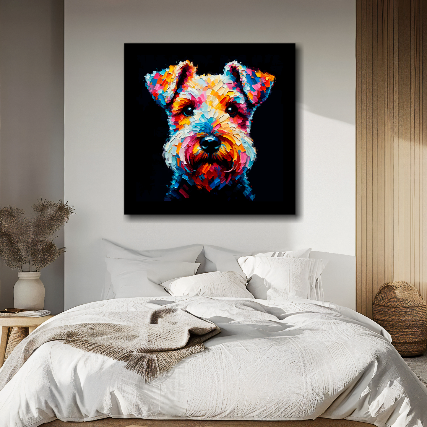 Square canvas featuring a multi-coloured Lakeland Terrier dog portrait. Mounted on a white wall above a double bed.