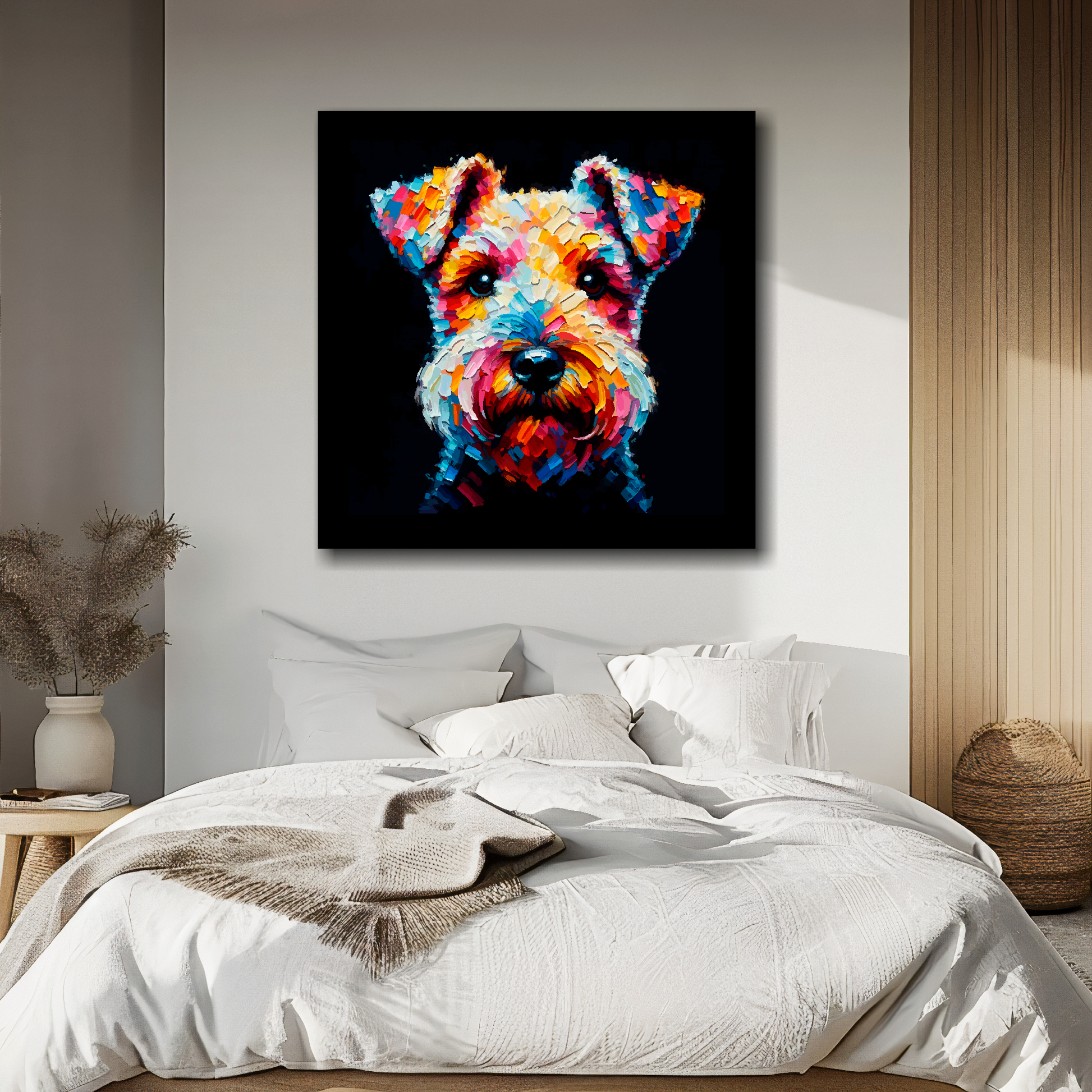 Square canvas featuring a multi-coloured Lakeland Terrier dog portrait. Mounted on a white wall above a double bed.