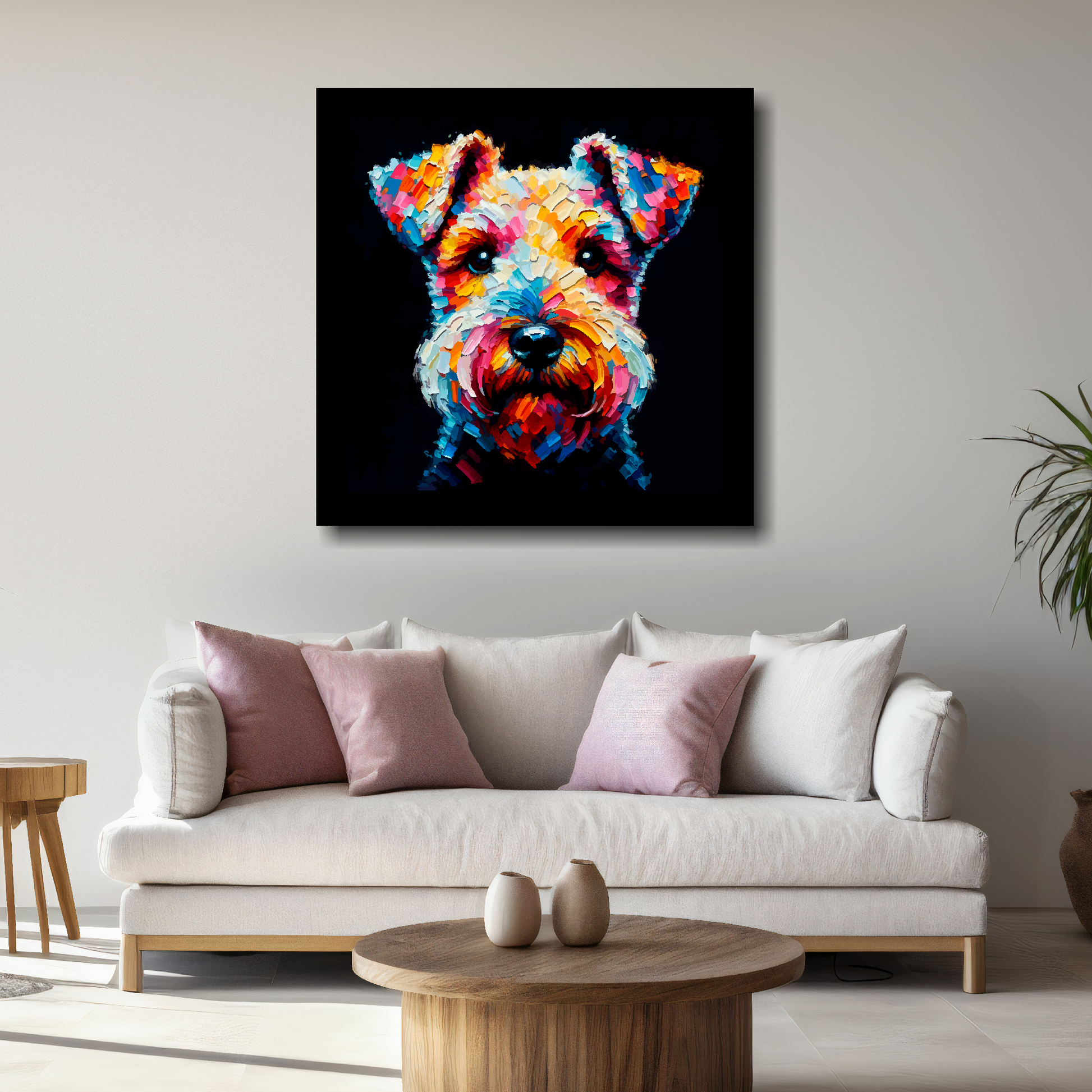 Large square canvas featuring a multi-coloured Lakeland Terrier dog portrait. Mounted on a white wall above a white sofa with decorative pillows.