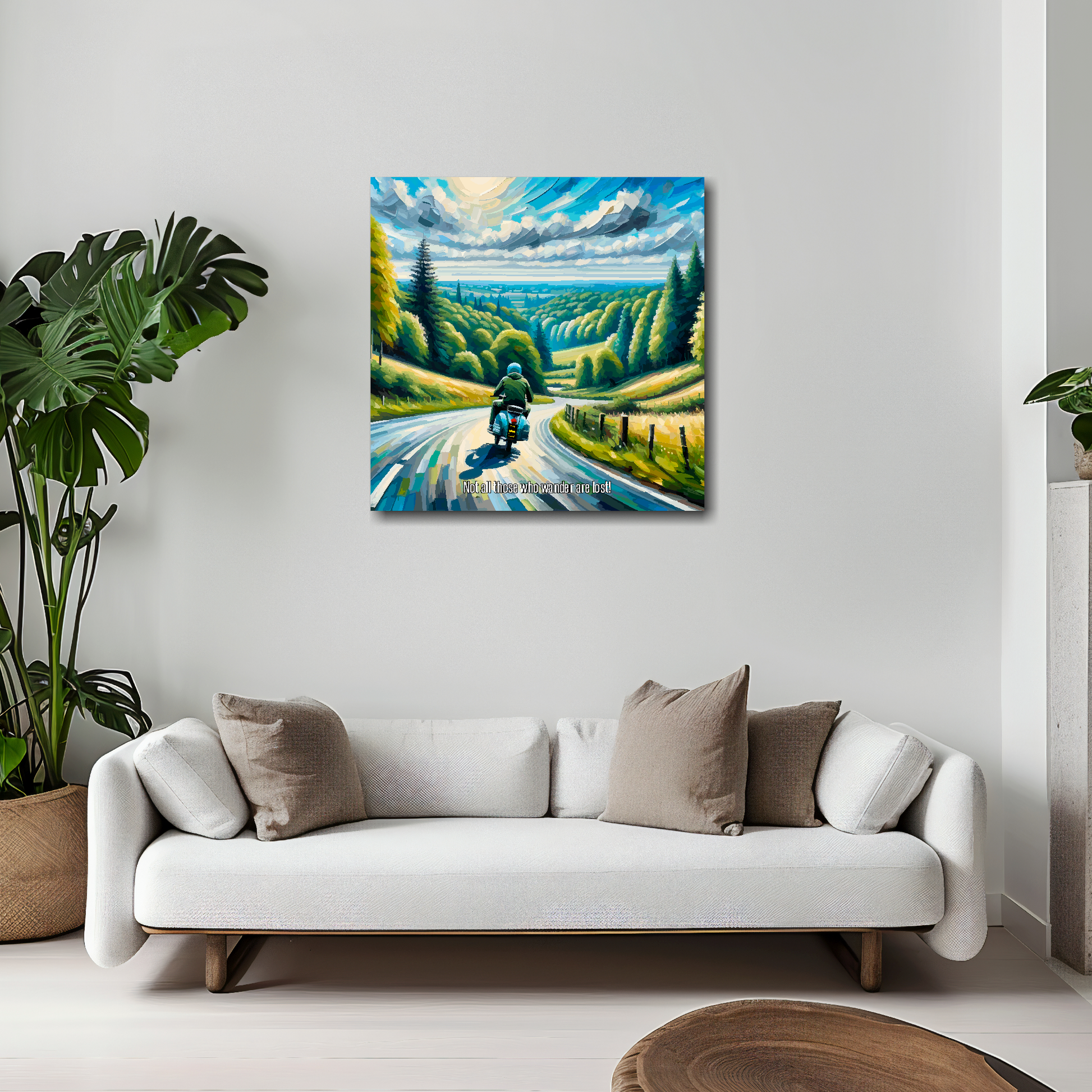 20 inch by 20 inch square canvas featuring a Lambretta scooter traveling along a country road. Mounted on a white wall above a white sofa with decorative pillows.