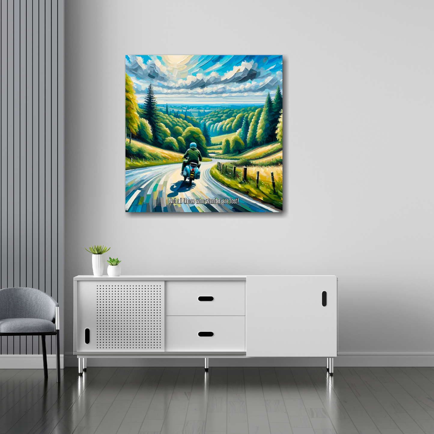 30 inch by 30 inch square canvas featuring a Lambretta scooter traveling along a country road. Mounted on a white wall above a white sideboard.