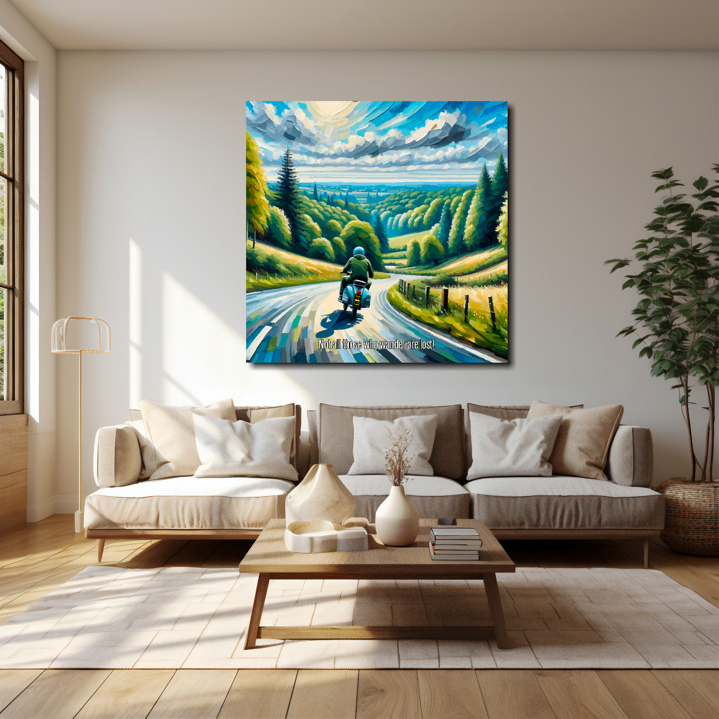 40 inch by 40 inch square canvas featuring a Lambretta scooter traveling along a country road. Mounted on a cream wall above a cream sofa with decorative pillows.