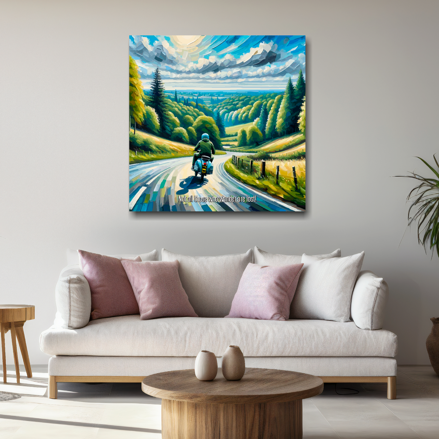 Large canvas wall art - A multi-coloured abstract of a Lambretta Scooter traveling along a scenic road. Available in 3 large sizes.