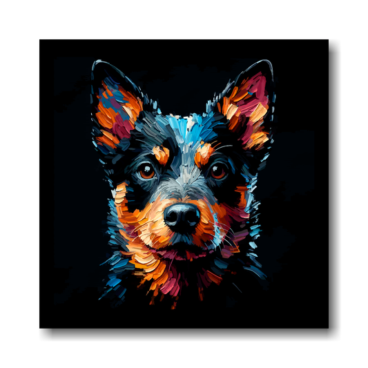 Colourful canvas portrait of a Lancashire Heeler on a black background.