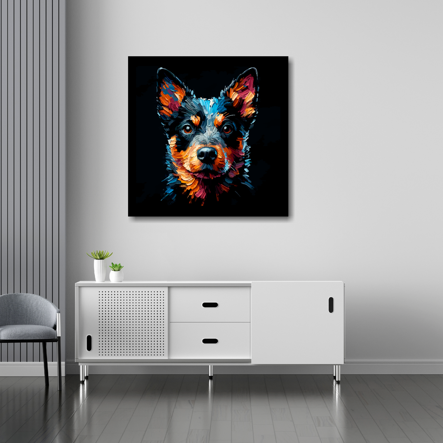 30 inch by 30 inch square canvas featuring a multi-coloured Lancashire Heeler dog portrait. Mounted on a white wall above a white sideboard.