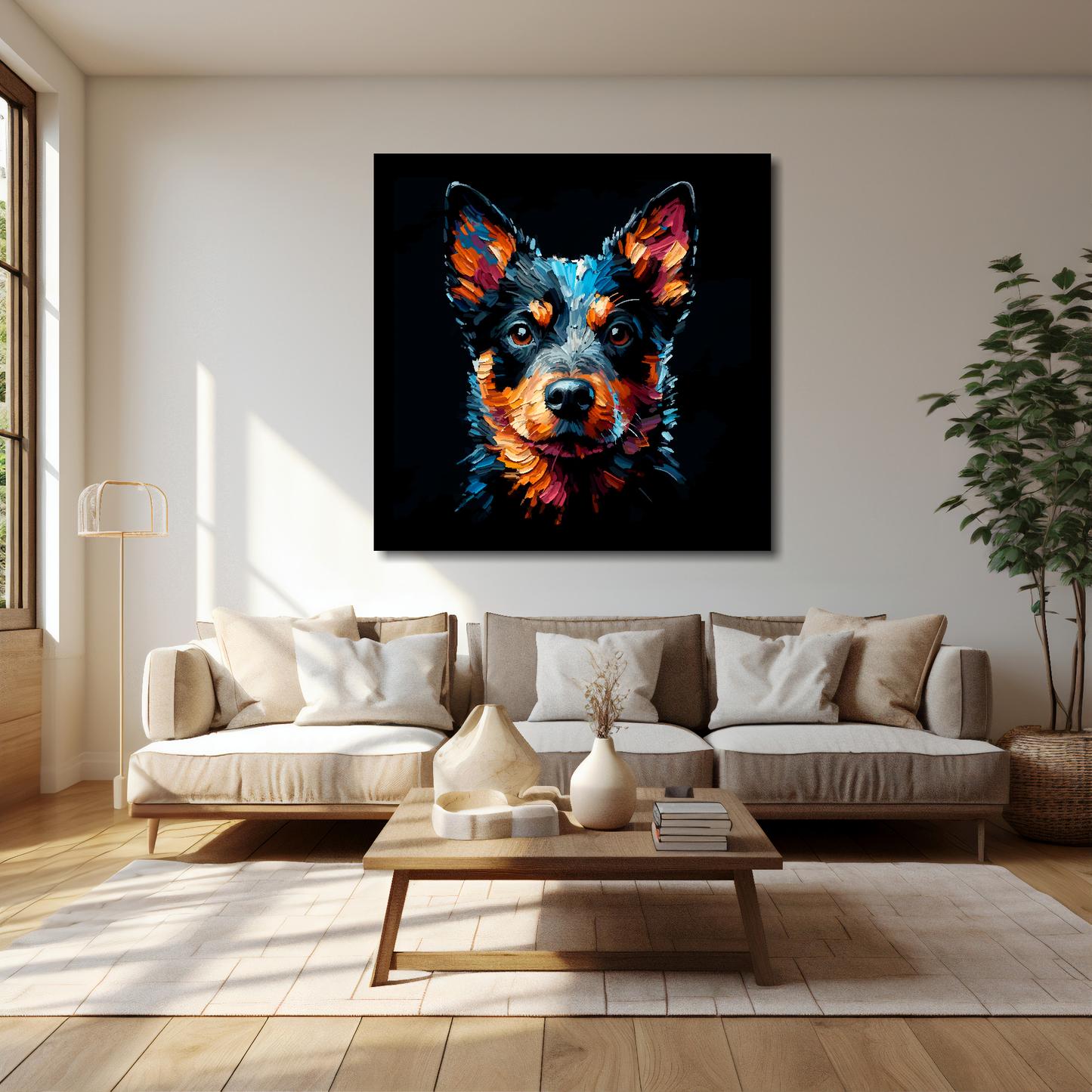 40 inch by 40 inch square canvas featuring a multi-coloured Lancashire Heeler dog portrait. Mounted on a cream wall above a cream sofa with decorative pillows.