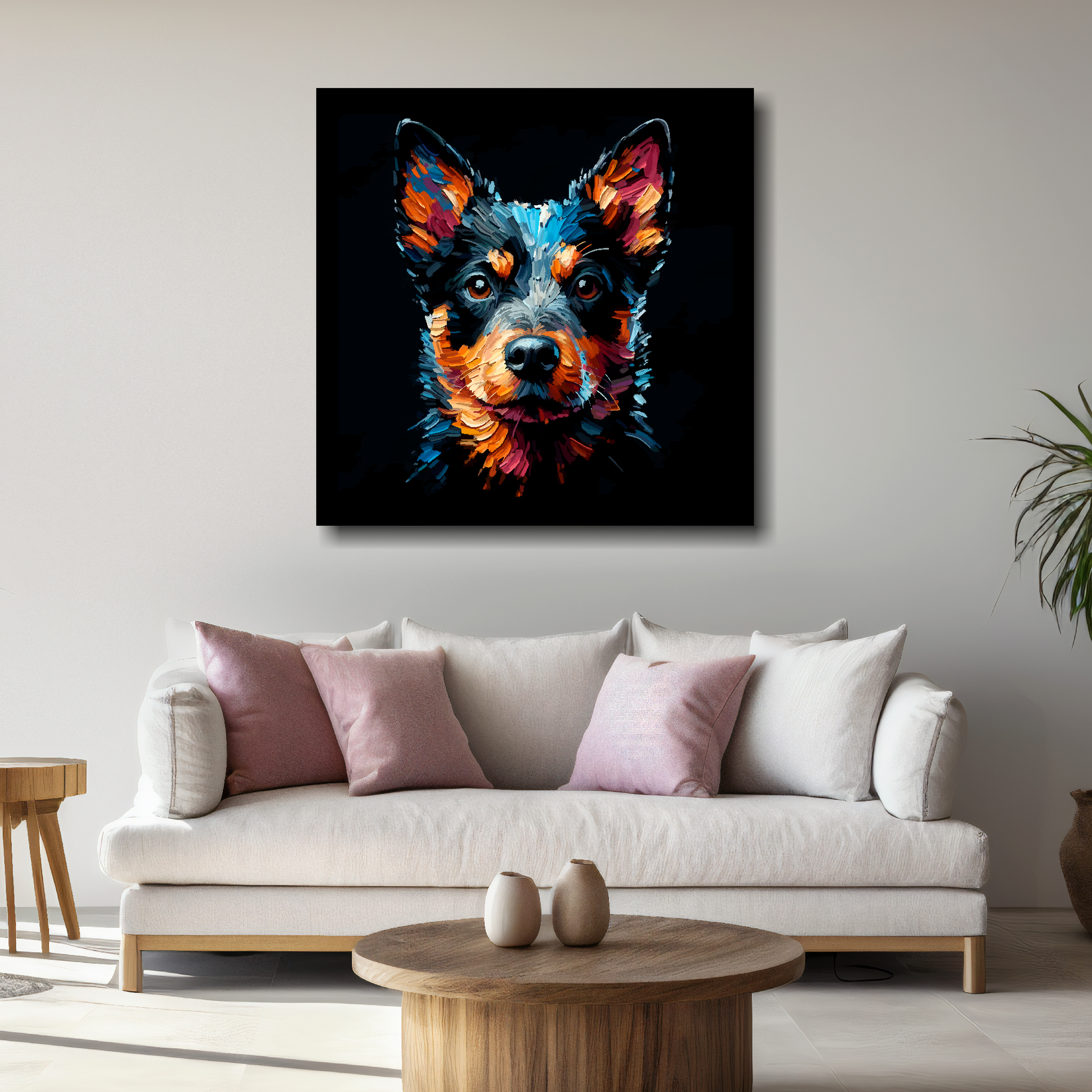 Square canvas featuring a multi-coloured Lancashire Heeler dog portrait. Mounted on a white wall above a white sofa with decorative pillows.
