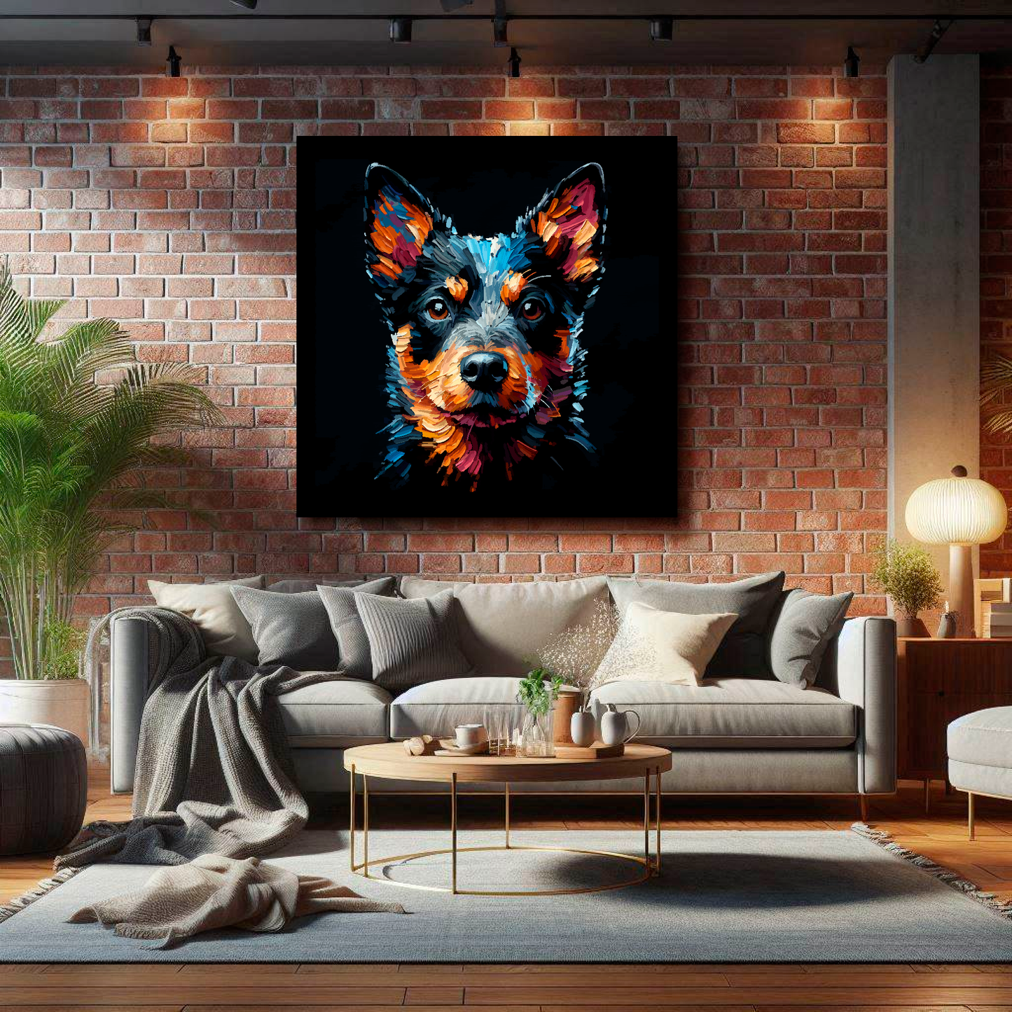 Large square canvas featuring a multi-coloured Lancashire Heeler dog portrait. Mounted on a brick wall above a grey sofa with decorative pillows.