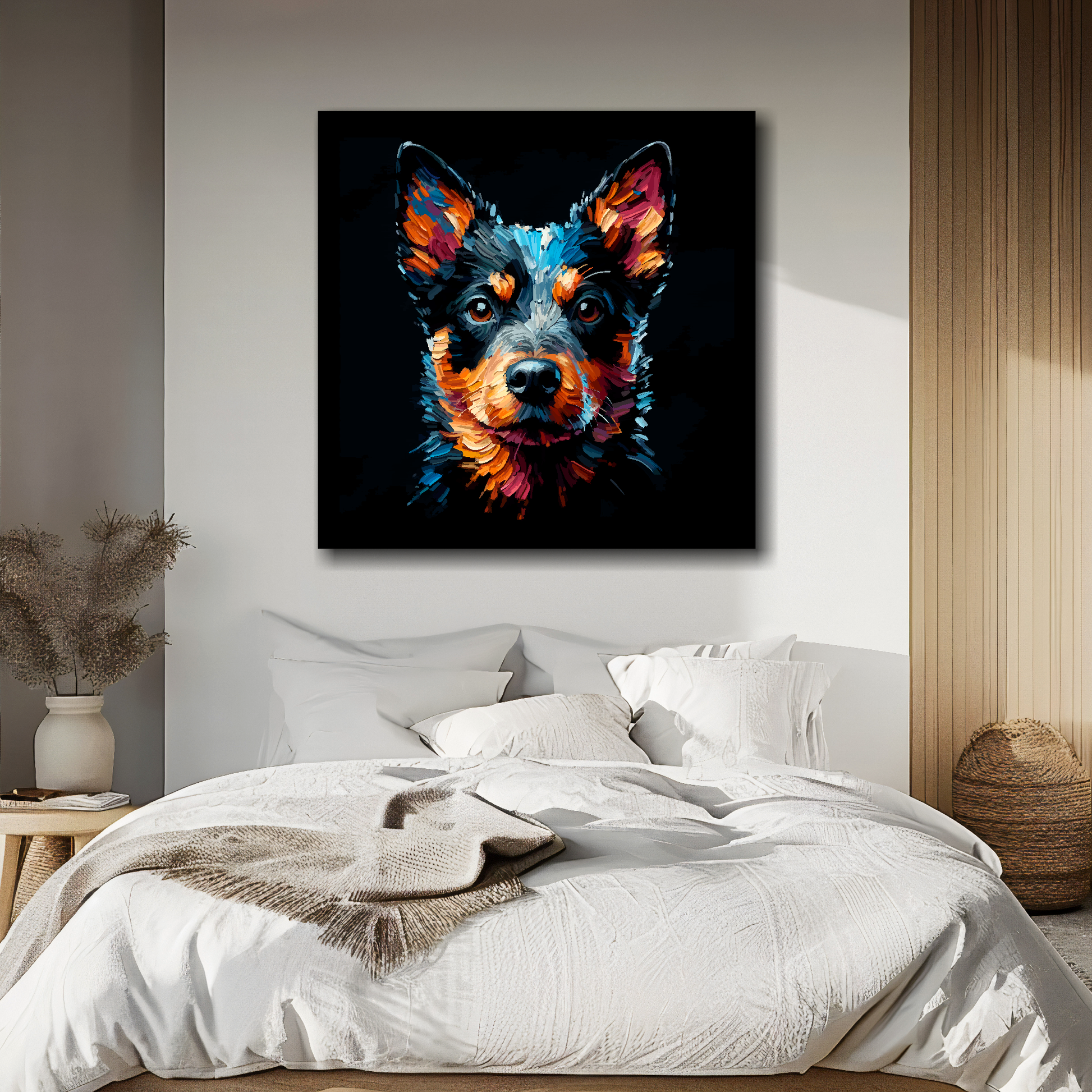 Square canvas featuring a multi-coloured Lancashire Heeler dog portrait. Mounted on a white wall above a double bed.