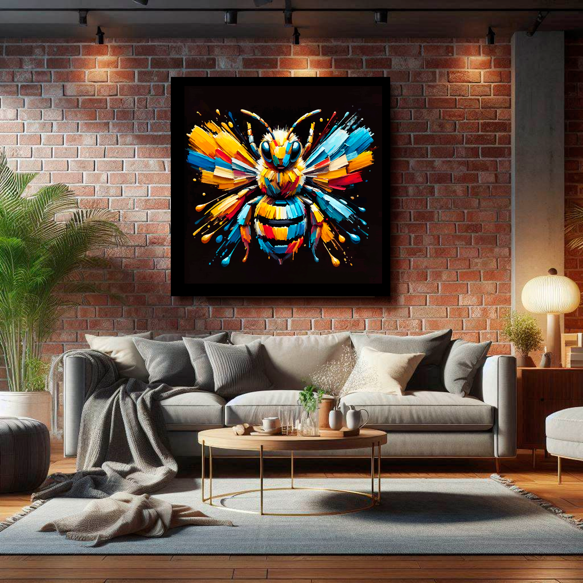 Large canvas wall art - Colourful Bumble Bee portrait on a black background. Available in 3 large sizes.