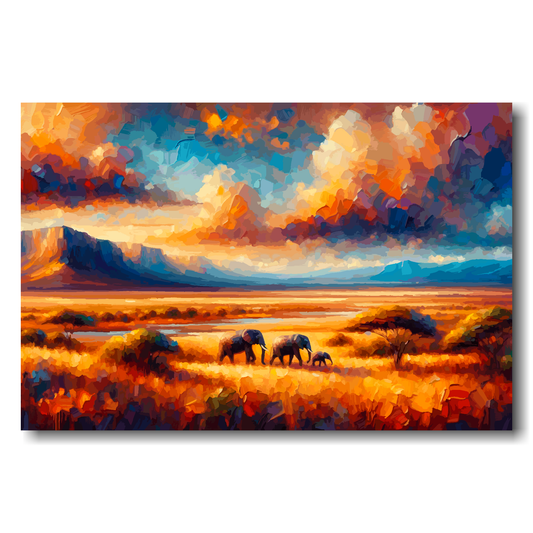 Large canvas wall art - A multi-coloured abstract landscape of the African Plains. Available in 3 large sizes.