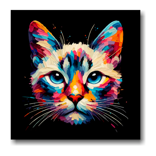 Large canvas wall art - A vibrant multi-coloured head portrait of a Asian Cat. Available in 3 large sizes.