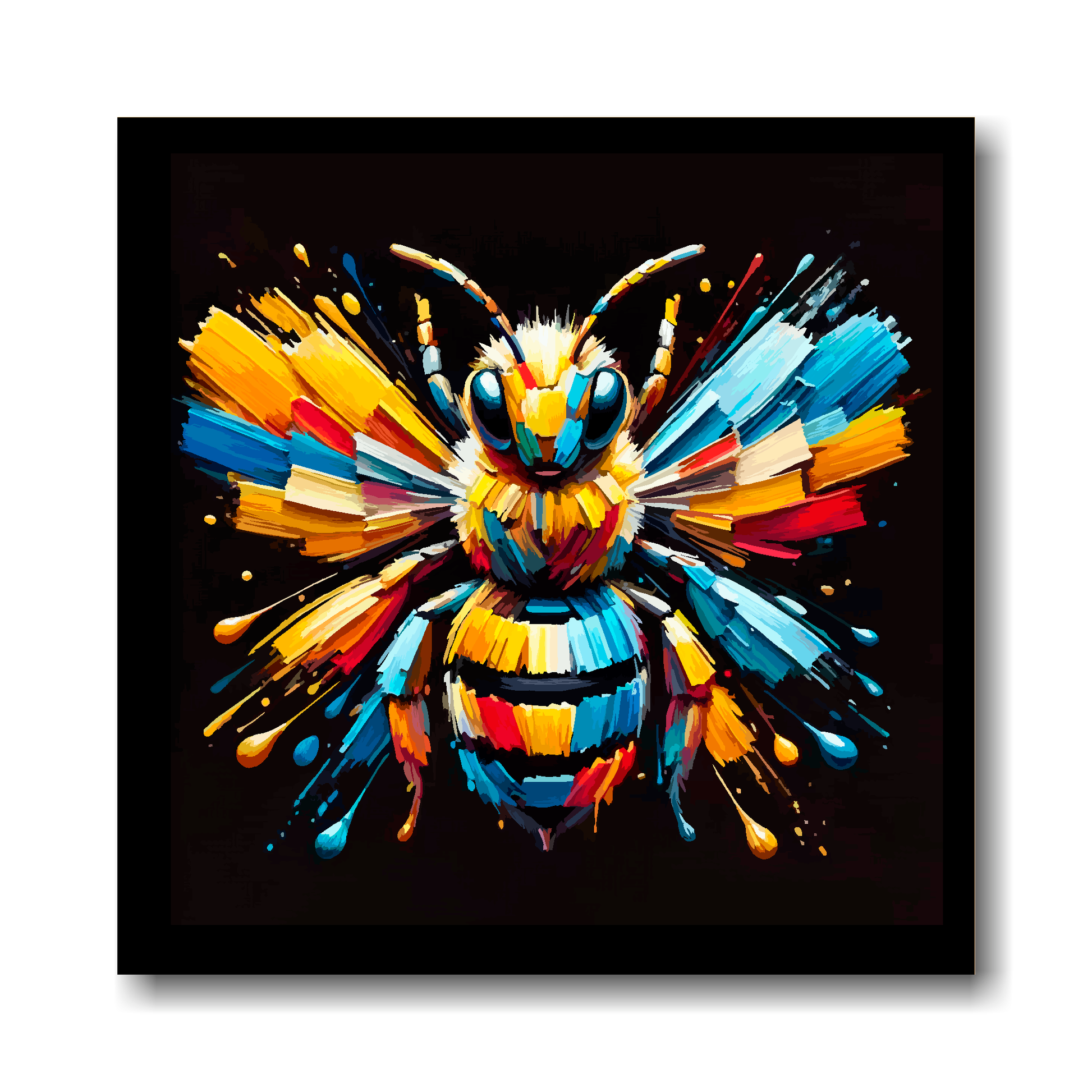 Large canvas wall art - Colourful Bumble Bee portrait on a black background. Available in 3 large sizes.
