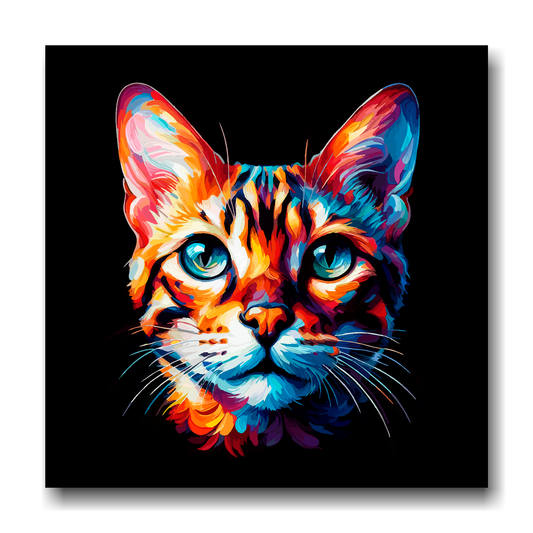 Large canvas wall art - A vibrant multi-coloured head portrait of a Bengal Cat. Available in 3 large sizes.