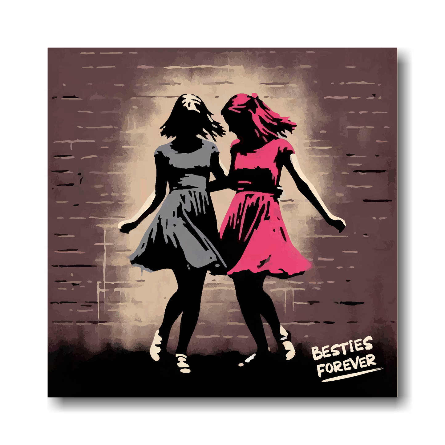 Large canvas wall art - A retro friendship painting of two girls dancing. Available in 3 large sizes.