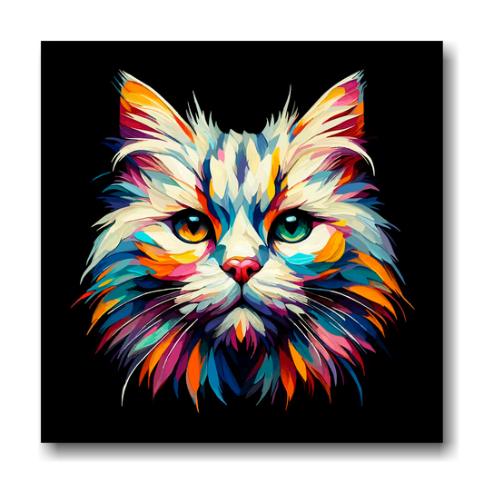 Large canvas wall art - A vibrant multi-coloured head portrait of a Burmilla Cat. Available in 3 large sizes.