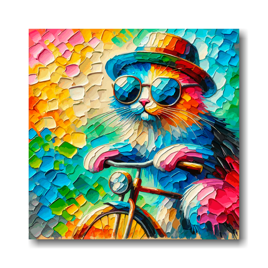 Large canvas wall art - A vibrant multi-coloured painting of a cool Cat Riding a bicycle. Available in 3 large sizes.