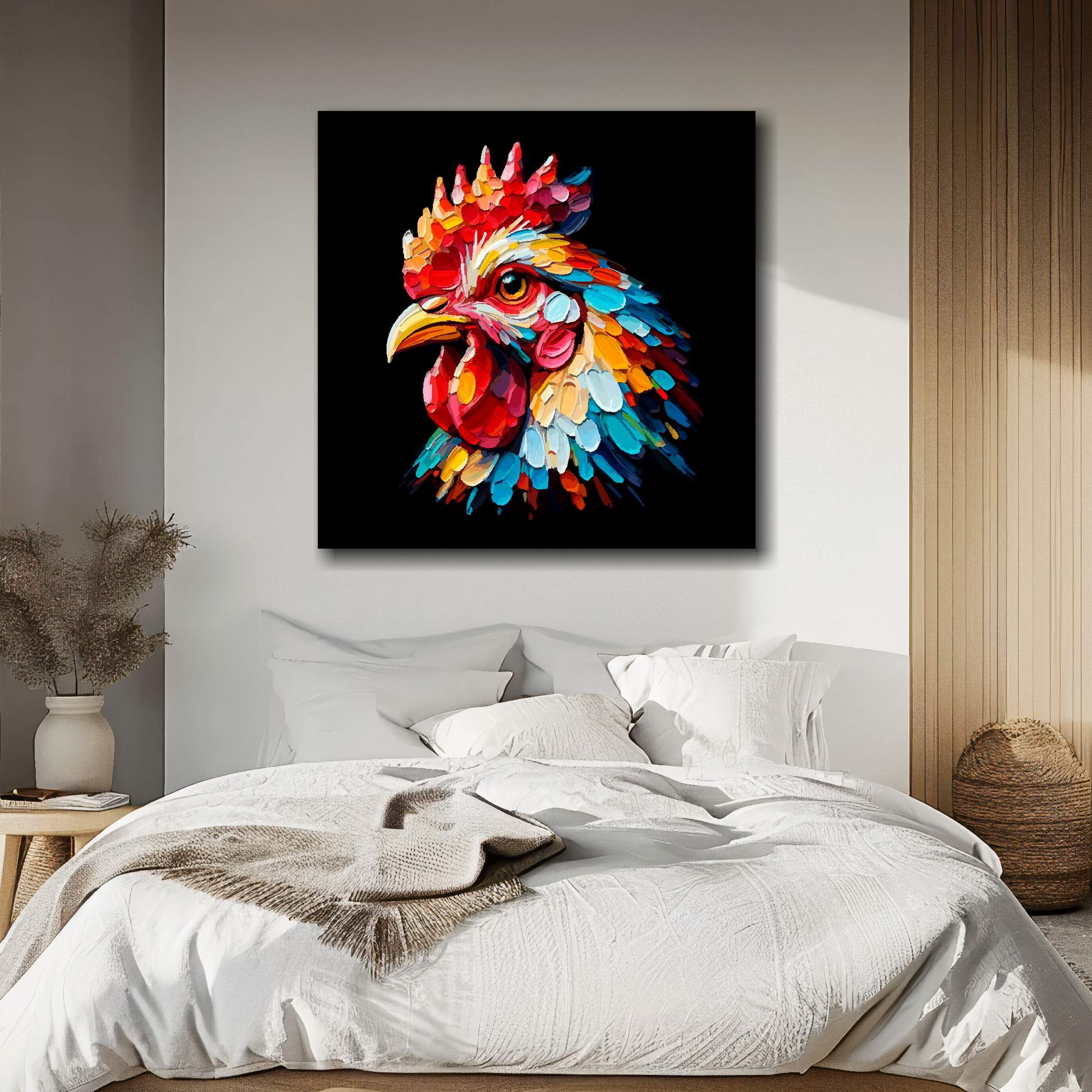 Large canvas wall art - Colourful Chicken portrait on a black background. Available in 3 large sizes.
