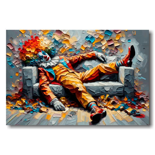 Large canvas wall art - A vibrant multi-coloured portrait of a tired clown on a sofa. Available in 3 large sizes.