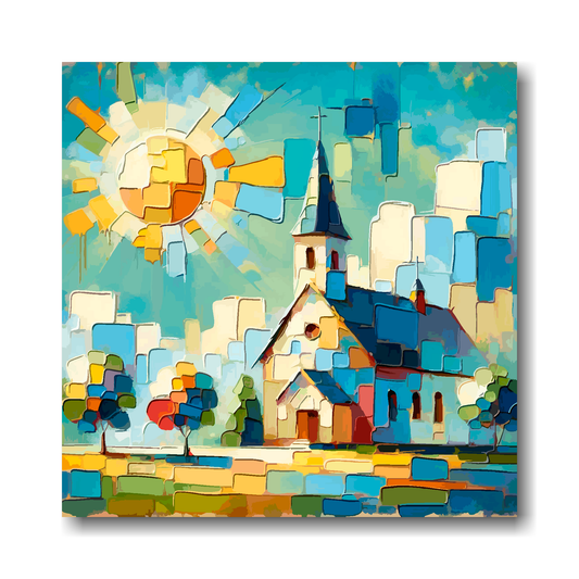 Large canvas wall art - Colourful Abstract of a Church landscape, bold  and vibrant colours. Available in 3 large sizes.