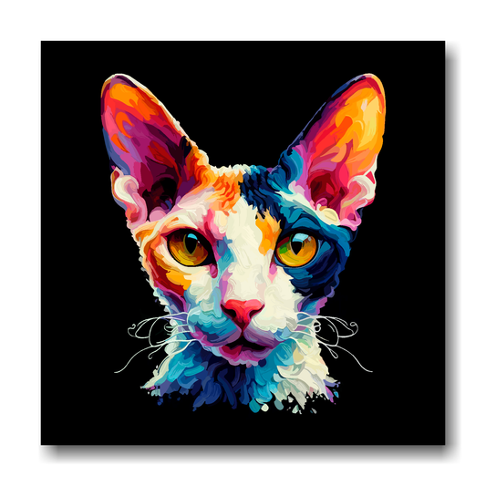 Large canvas wall art - A vibrant multi-coloured head portrait of a Cornish Rex Cat. Available in 3 large sizes.