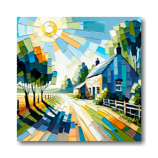 Large canvas wall art - Colourful Abstract of a Cottage lane landscape, bold and vibrant colours. Available in 3 large sizes.