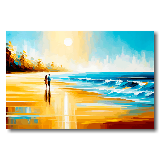 Large canvas wall art - A multi-coloured abstract of a couple walking along a beach. Available in 3 large sizes.