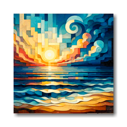 Large canvas wall art - Vibrant abstract cubism sunrise beach scene, moody vibes, Available in 3 large sizes.