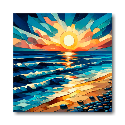 Large canvas wall art - Vibrant abstract cubism sunset beach scene, moody vibes, Available in 3 large sizes.