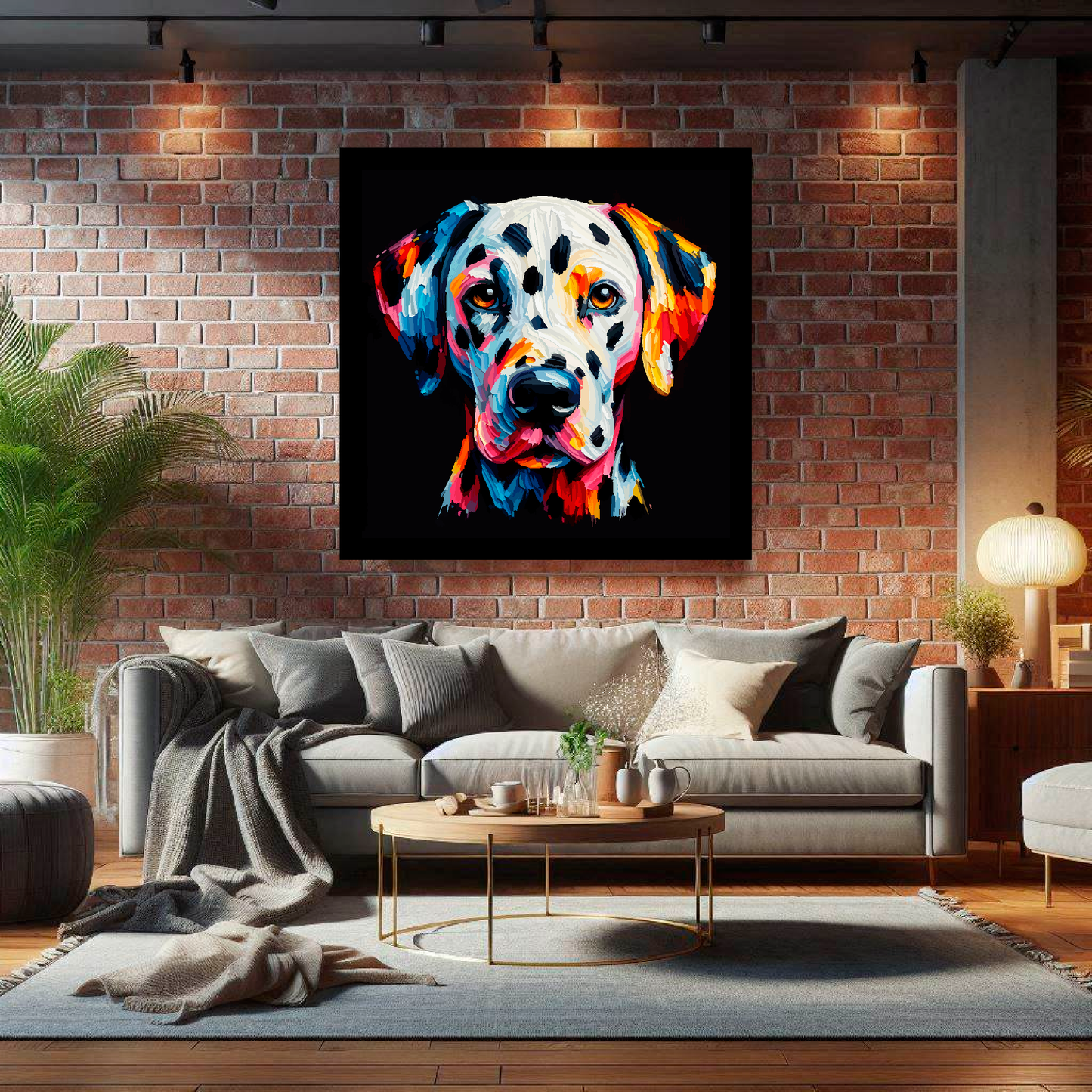 Large canvas wall art - A vibrant multi-coloured head portrait of a Dalmatian. Available in 3 large sizes.