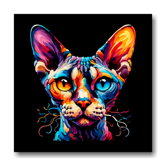 Large canvas wall art - A vibrant multi-coloured head portrait of a Devon Rex Cat. Available in 3 large sizes.