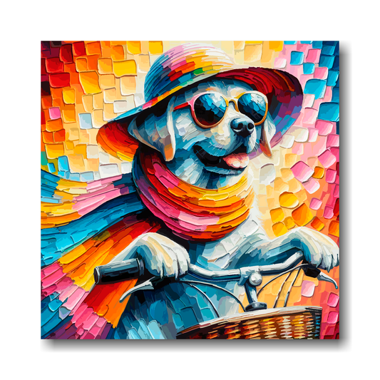 Large canvas wall art - A vibrant multi-coloured painting of a Labrador Riding A bicycle. Available in 3 large sizes.