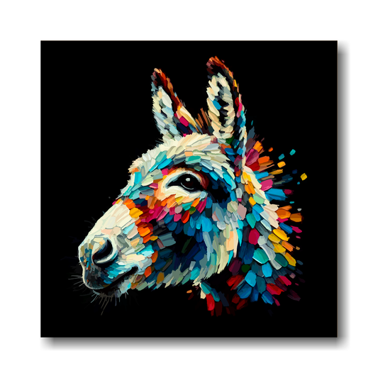 Large canvas wall art - Colourful Donkey portrait on a black background. Available in 3 large sizes.