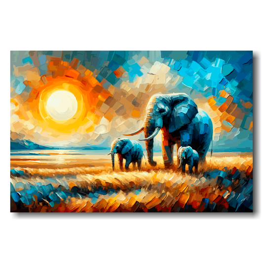 Large canvas wall art - A multi-coloured abstract landscape of the African Plains featuring 3 Elephants. Available in 3 large sizes.