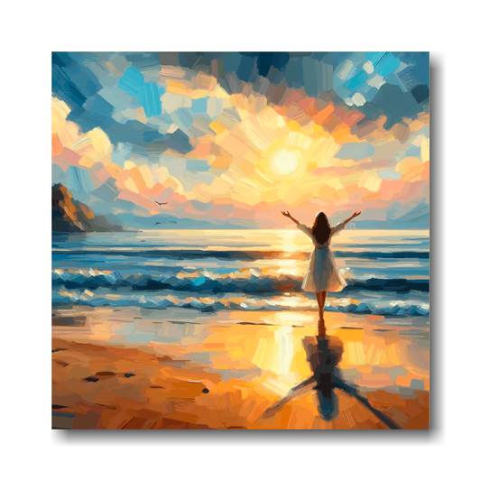Large canvas wall art - Vibrant abstract, a woman hails the sun in a beach scene, Available in 3 large sizes.