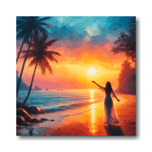 Large canvas wall art - A colourful tropical evening beach scene, a woman hails the sunset. Available in 3 large sizes. 