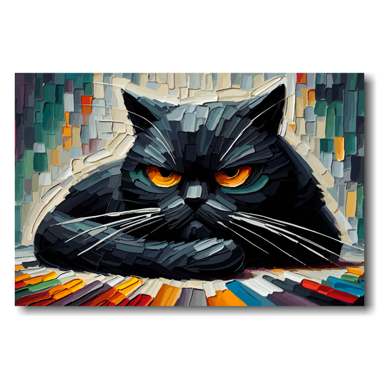 Large canvas wall art - A colourful painting of a Grumpy Black Cat. Available in 3 large sizes.