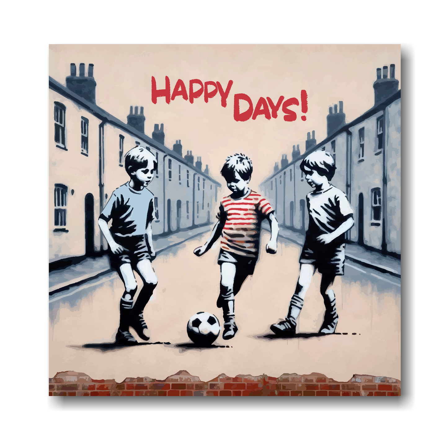 Large canvas wall art - A wall mural of 3 young boys playing football in the street, Retro 1980's. Available in 3 large sizes.