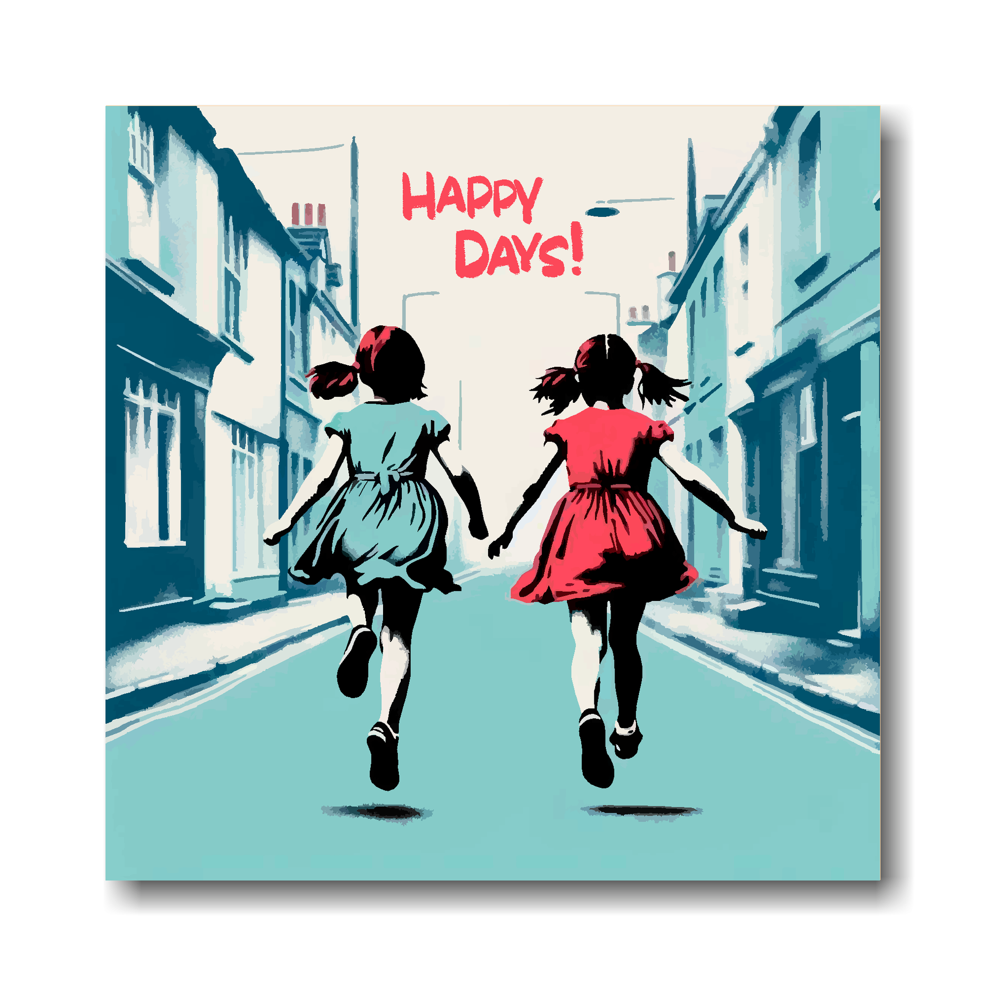 Large canvas wall art - A retro friendship painting of two young girls running in the street. Available in 3 large sizes.