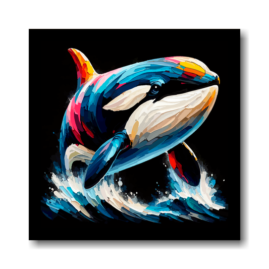 Large canvas wall art - A multicolured abstract portrait of a Killer Whale. Available in 3 large sizes.
